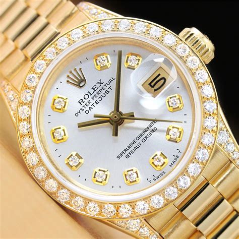 ladies gold rolex watch with diamond bezel